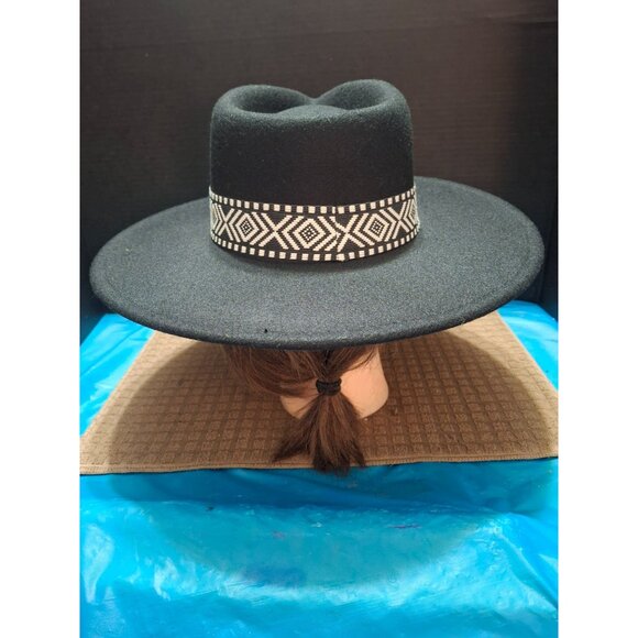 Wide-Brim Black Wool Fedora With Geometric Band One Size - Picture 3 of 8